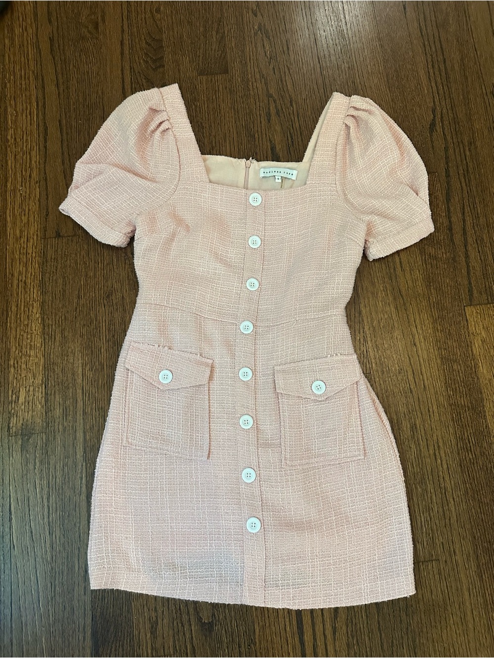 Endless Rose Blush Pink Tweed Square-Neck Button Mini Dress